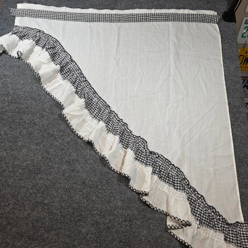 Set Black White Check Cotton Ruffled Swag Valance Gingham Farmhouse Vtg Curtain